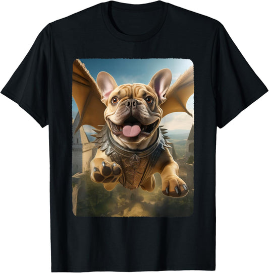 Frenchie Flying Cute Fantasy From Dog House to Sky Dragon T-Shirt