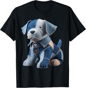 Retro Funny Cute Patchwork Denim Dog Design Blue Jeans Dog T-Shirt