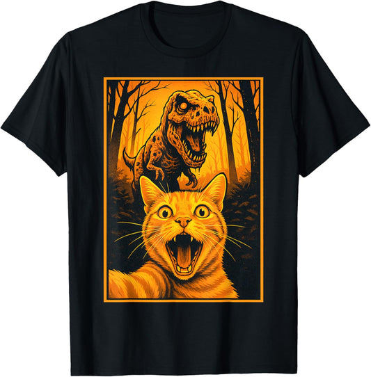 Scared Cat Selfie with Zombie T-Rex Dinosaur Halloween Day T-Shirt