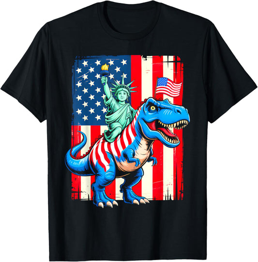 Dino Statue Of Liberty 4th Of July Funny Boys American Flag T-Shirt