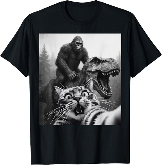 Funny Cat Selfie with Bigfoot Riding Dinosaur T-rex T-Shirt