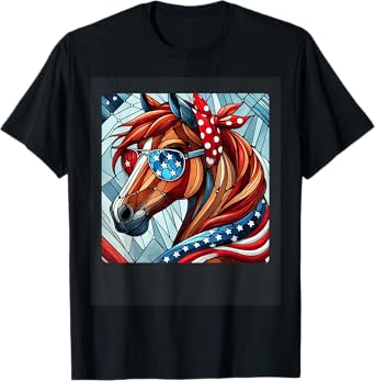 Horse 4th of July Shirt Women Girls Horse American USA Flag T-Shirt