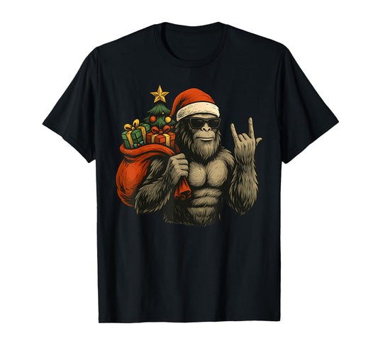 Bigfoot Santa Christmas Tree Rock On Funny Xmas Sasquatch T-Shirt