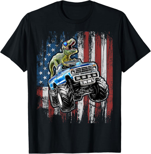 T Rex Dinosaur Monster Truck 4th of July American Flag Boys T-Shirt