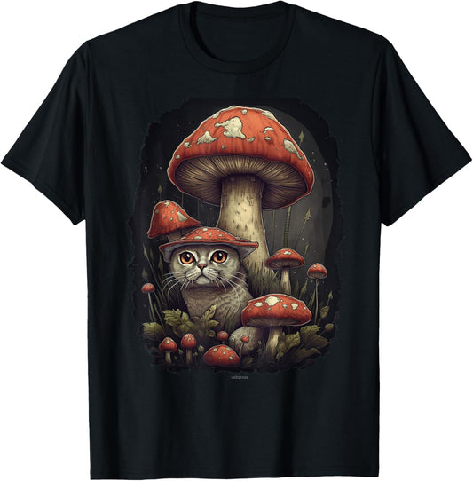 cottagecore aesthetic cat hiding under mushroom T-Shirt