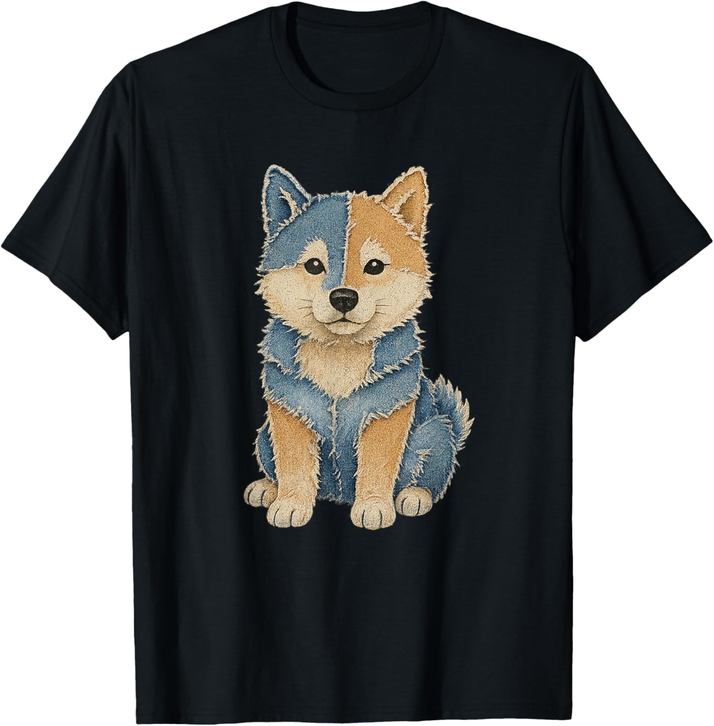 Retro Denim Patchwork Shiba Inu Dog Funny Art T-Shirt