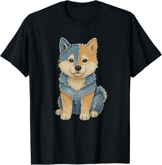 Retro Denim Patchwork Shiba Inu Dog Funny Art T-Shirt