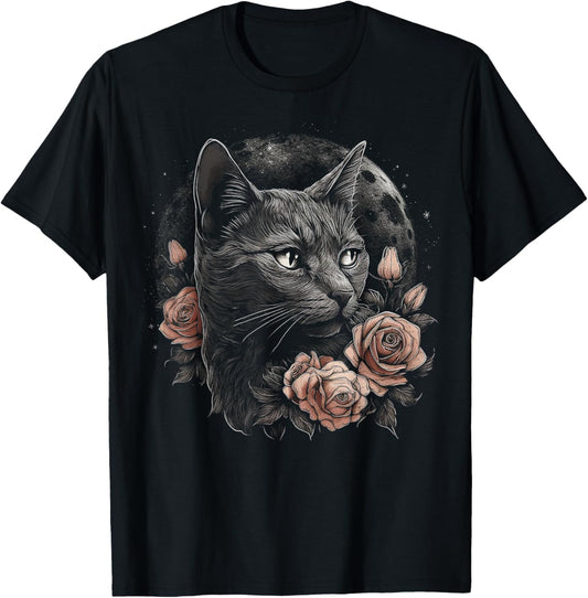 Cat Flower Moon Artwork | Animal Motif Cat T-Shirt