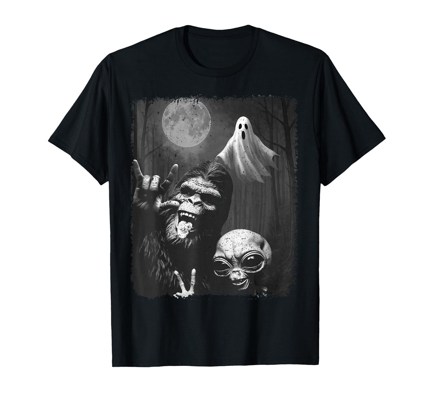 Funny Sasquatch & Alien Rock On Hand Sign Ghost Selfie T-Shirt