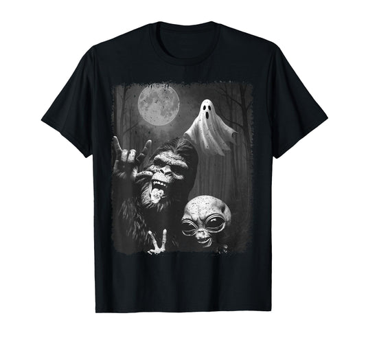 Funny Sasquatch & Alien Rock On Hand Sign Ghost Selfie T-Shirt