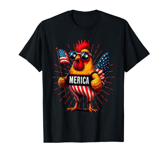 Merica Chicken Rooster 4th of July Patriotic American Flag T-Shirt