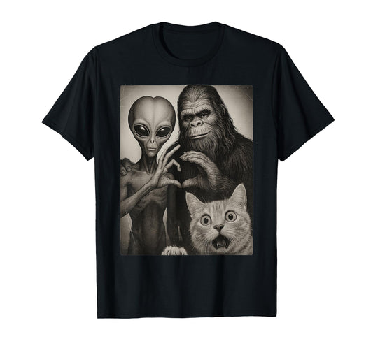 Funny Cat Selfie with Romantic Bigfoot in Love with Alien T-Shirt