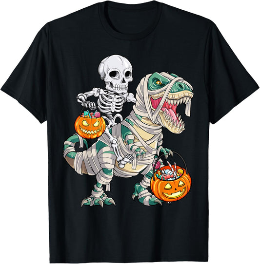 Skeleton Riding Mummy Dinosaur T rex Halloween Funny Pumpkin T-Shirt