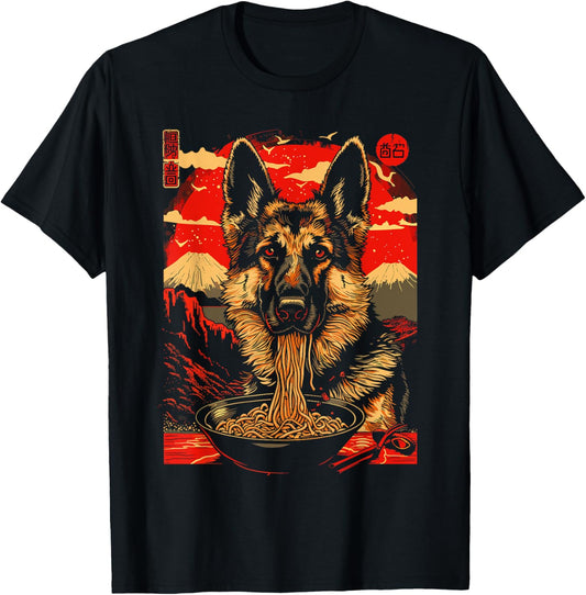 Anime Kawaii Shepherd dog Eating Ramen Noodles T-Shirt