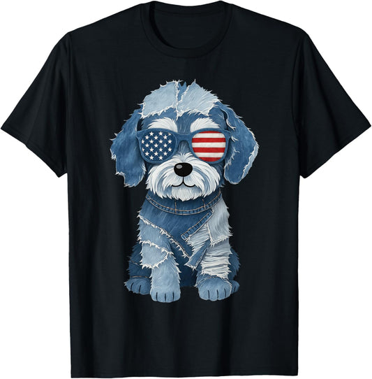 Dog Pattern Denim Patchwork Art T-Shirt