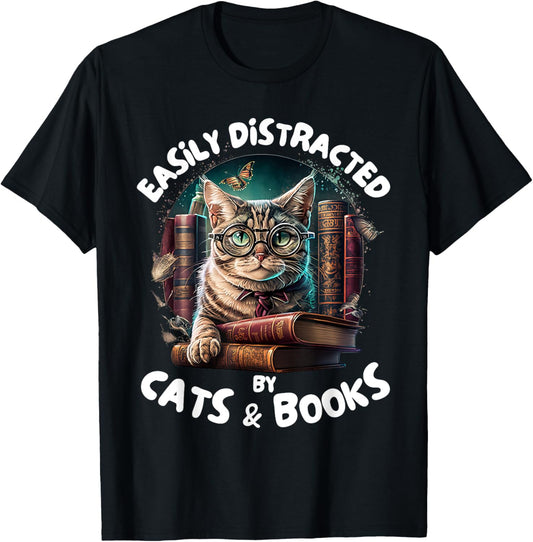Easily Distracted By Cats and Books Librarians Bibliophiles T-Shirt