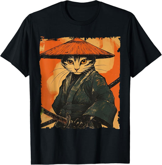 Samurai Cat Graphic Tee Warrior Vintage Japanese Art Anime T-Shirt