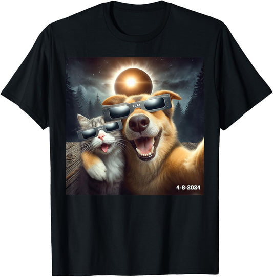 cat and dog selfie with solar 2024 eclipse wearing Glasses T-Shirt