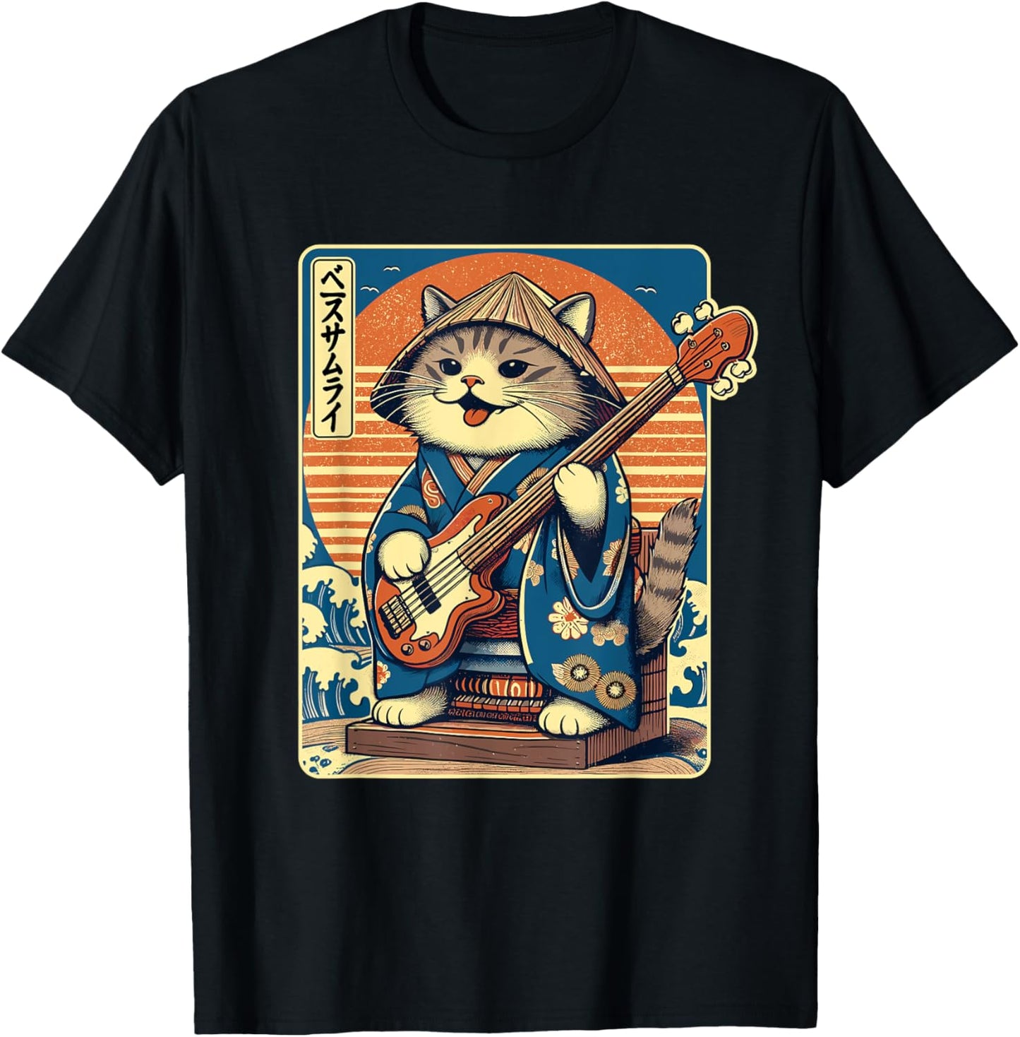 Japanese Samurai Cat Playing The Bass T-Shirt