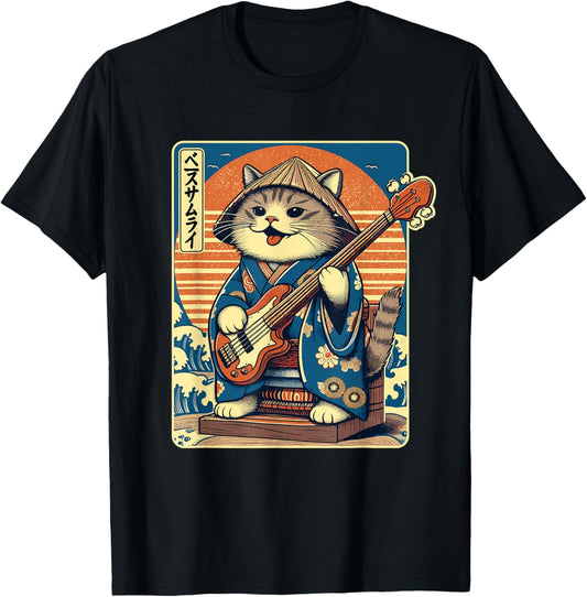 Japanese Samurai Cat Playing The Bass T-Shirt