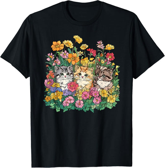 Floral Cats In Garden T-Shirt