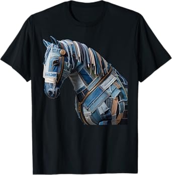 Retro Funny Denim Patch Animal Horse Lovers Print T-Shirt