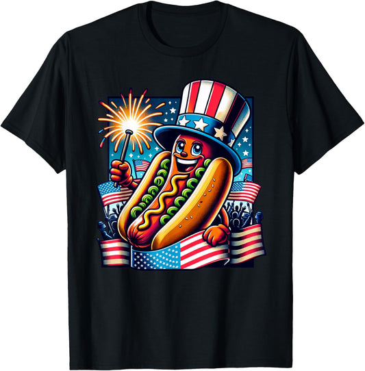 4th of July Hotdog Funny Fourth of July Patriotic USA Flag T-Shirt