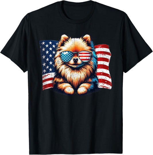 Pomeranian Dogs American Flag Sunglasses Patriotic Vintage T-Shirt