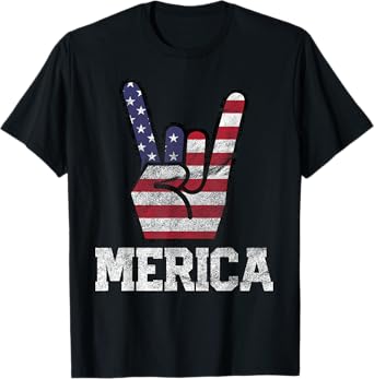 Merica Rock Sign 4th of July Vintage American Flag Retro USA T-Shirt