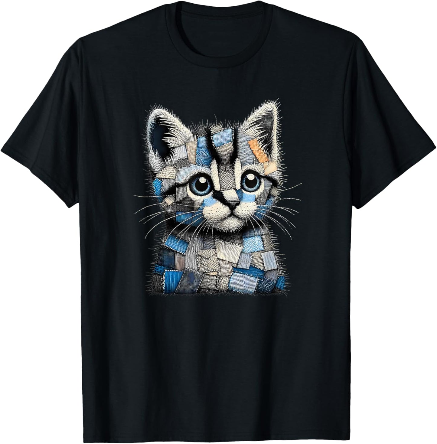 retro funny denim patch animal Cat print T-Shirt