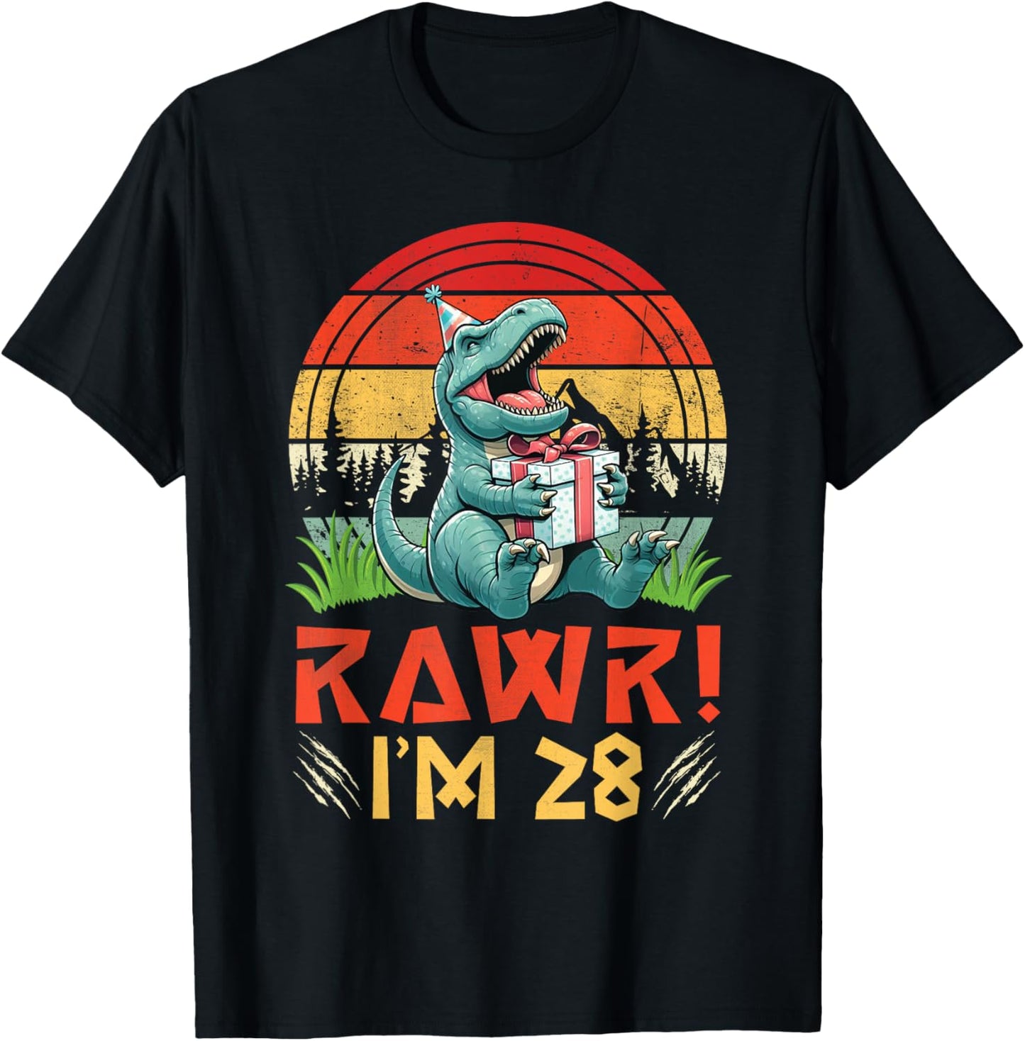 Dinosaur with Present RAWR I Am 28 Years Happy 28th Birthday T-Shirt