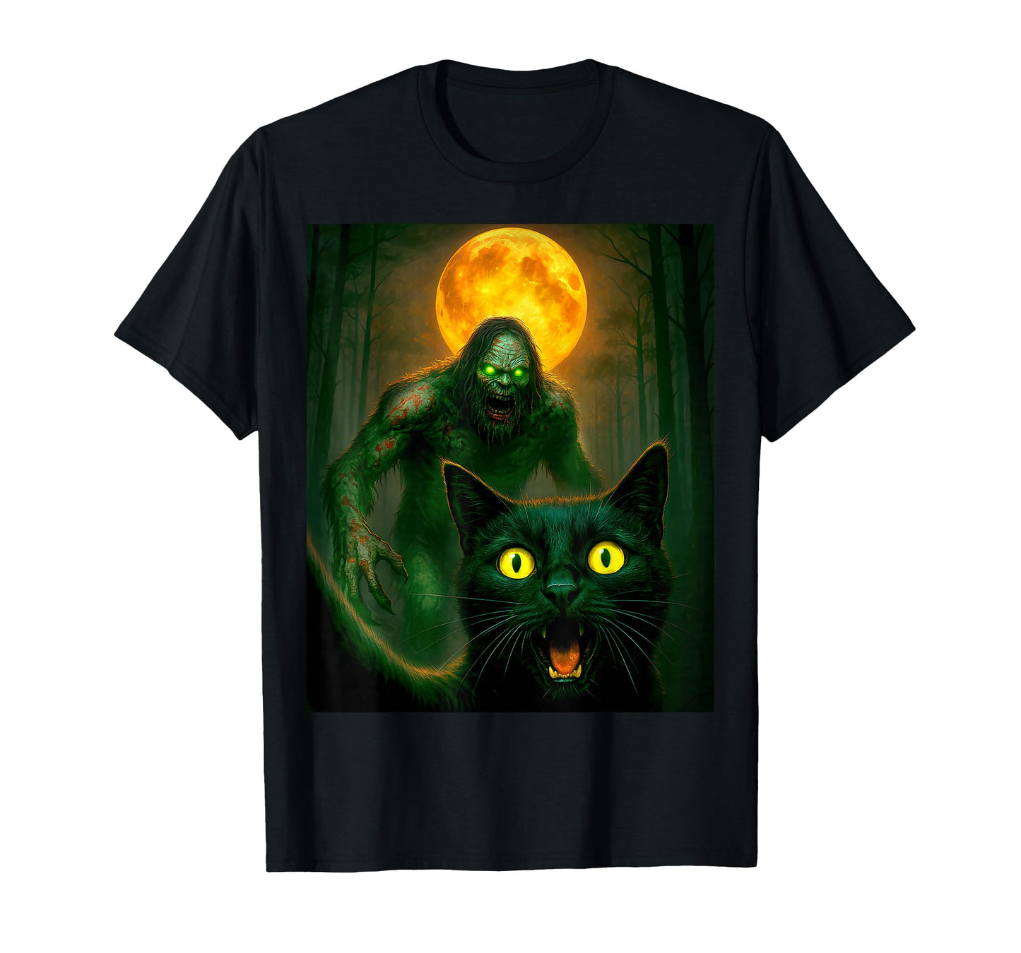 Scared Cat Selfie with Zombie Bigfoot Sasquatch Halloween T-Shirt