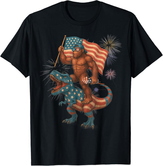 Vintage 4th Of July Sasquatch and Dinosaur Funny 4th Of July T-Shirt