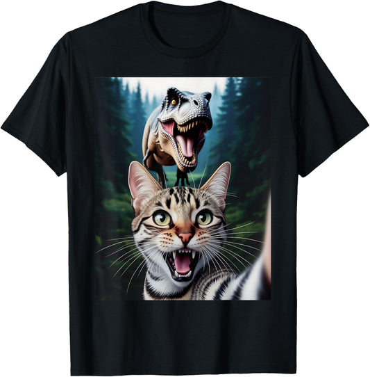 Funny Cat Selfie With T-Rex Dinosaur Cat Men Women Kids T-Shirt