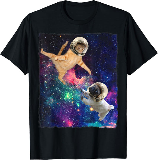 Cute Space Cat vs Pug Galaxy Epic Fight In Outer Space T-Shirt