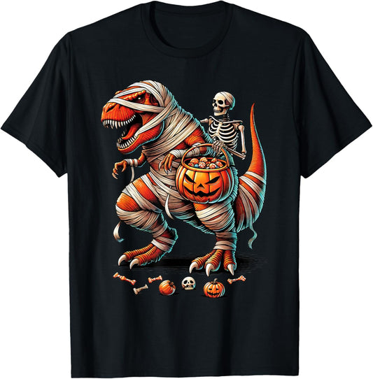 Skeleton Riding Mummy Dinosaur T Rex Kid Boy Funny Halloween T-Shirt