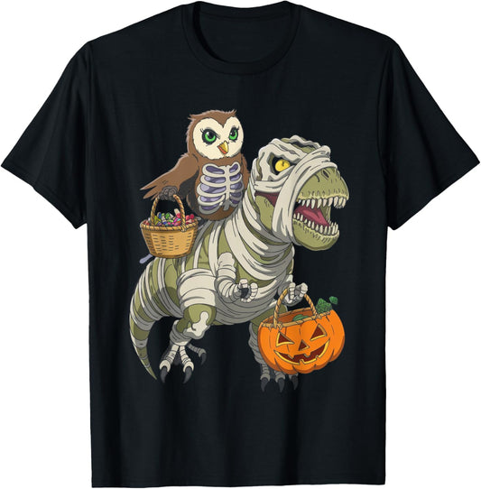 Owl Skeleton Riding Mummy Dinosaur TRex Halloween Pumpkin T-Shirt