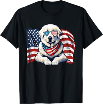 Great Pyrenees Dogs USA Flag Sunglasses Patriotic Vintage T-Shirt