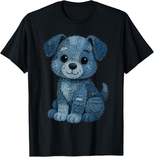 retro funny denim patch animal dog print Funny Men Woman T-Shirt