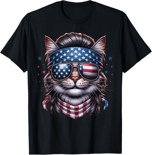 Cat American Flag Patriotic Funny Mullet Cat 4th Of July T-Shirt