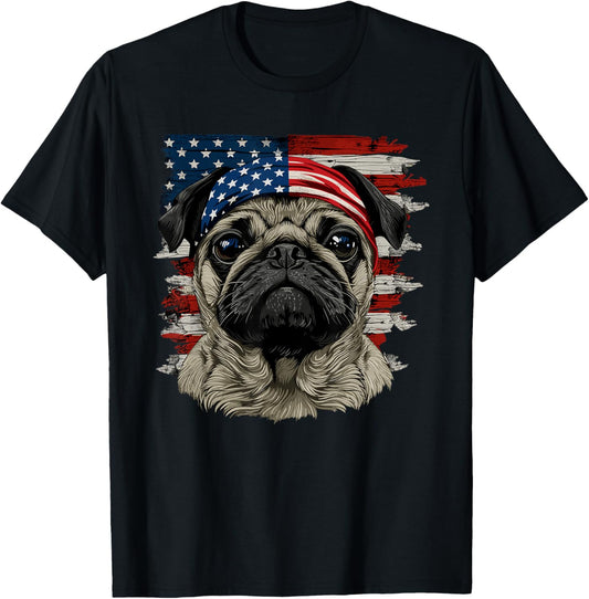 Pug Dog Patriotic 4th Of July USA American Flag T-Shirt