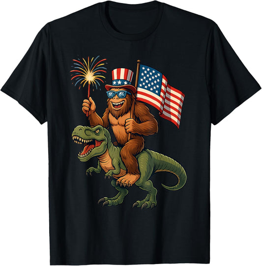 Bigfoot Sasquatch Riding Dinosaur T rex Funny 4th Of July T-Shirt