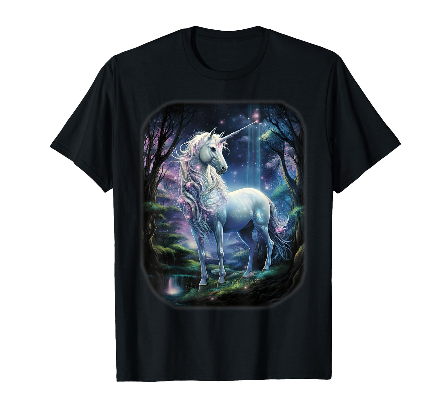 Fantasy white Unicorn standing in forest universe. T-Shirt