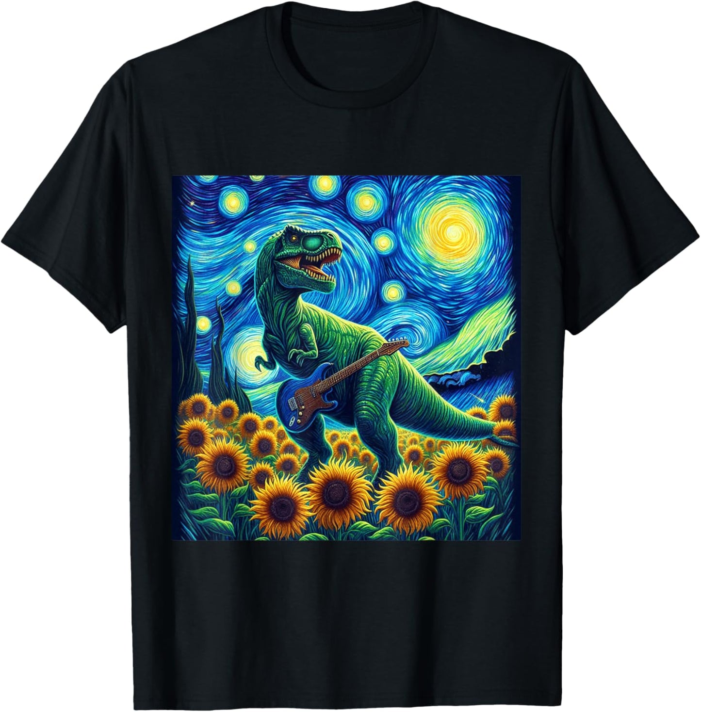Dinosaur Starry Night Van Gogh Rock T Rex Playing Guitar T-Shirt