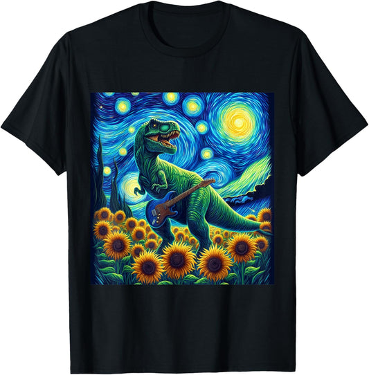 Dinosaur Starry Night Van Gogh Rock T Rex Playing Guitar T-Shirt