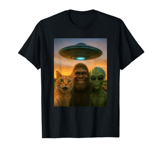 Orange Cat Selfie Bigfoot UFO Alien T-Shirt