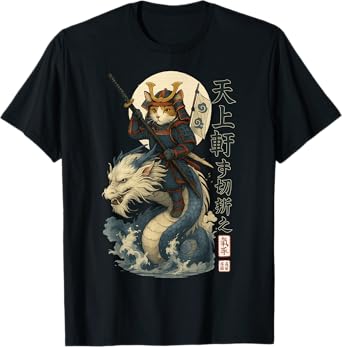 Samurai Cat Warrior Riding Sea Dragon Men Women Kids T-Shirt