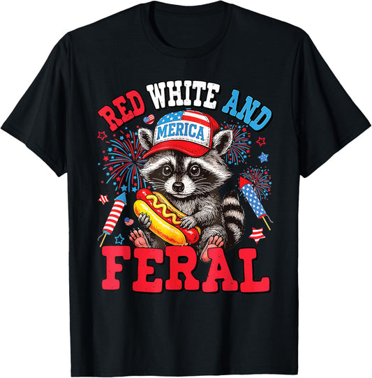 Red White And Feral 4th Of July Raccoon Hot Dog Kids America T-Shirt