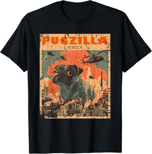 Pugzilla Tee Design for Pug Owner Retro Vintage Apparel Pugs T-Shirt Unisex-Adults, Unisex-Kids Black Short Sleeve Small T-Shirt