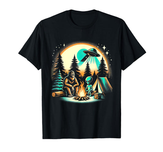 Funny Bigfoot & Alien UFO Camping Outdoor Adventures Hiking T-Shirt